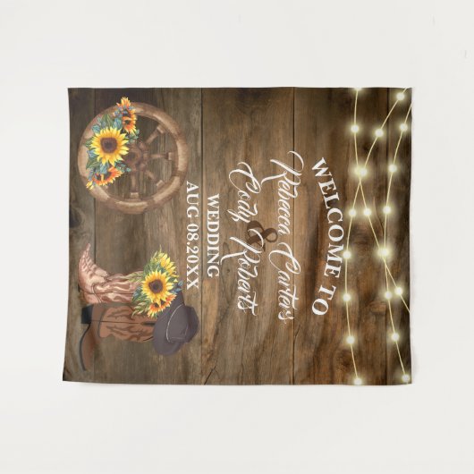 カウボーイ素朴ヒマワリ結婚ウェスタンの背景 タペストリー (正面(横))