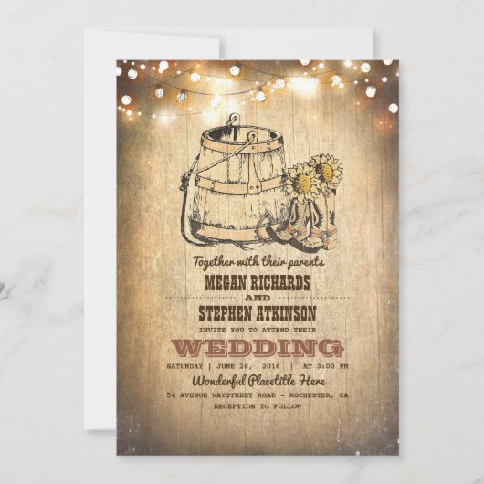 カウボーイ素朴ブーツとストリングライト秋の結婚式 招待状 (正面)