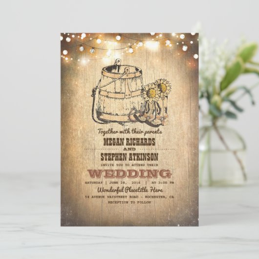 カウボーイ素朴ブーツとストリングライト秋の結婚式 招待状 (スタンド正面)