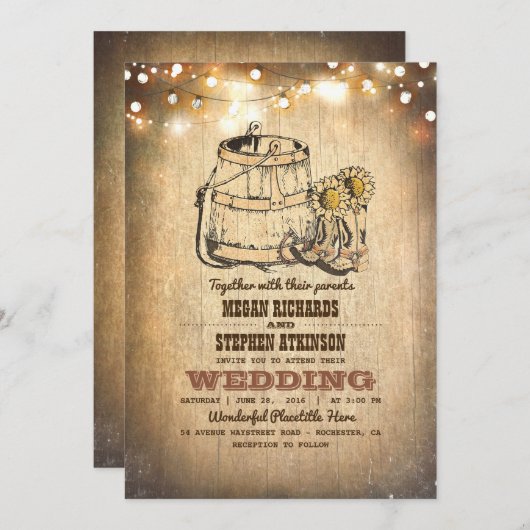 カウボーイ素朴ブーツとストリングライト秋の結婚式 招待状 (正面/裏面)