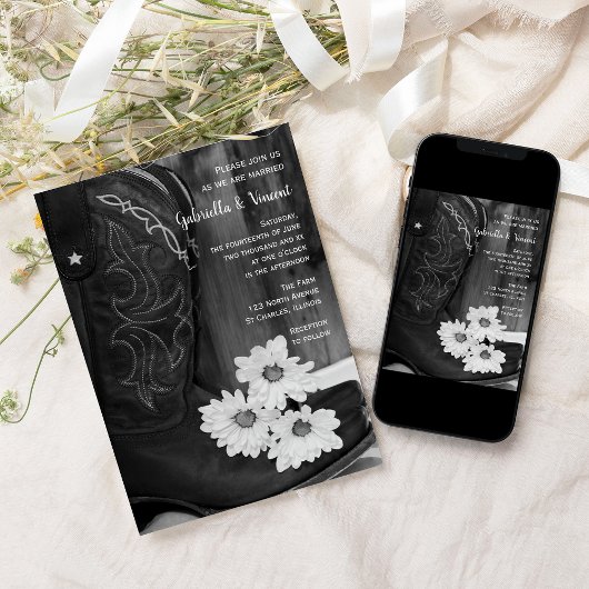 カウボーイ素朴ブーツとデイジーウェスタン結婚ズ 招待状