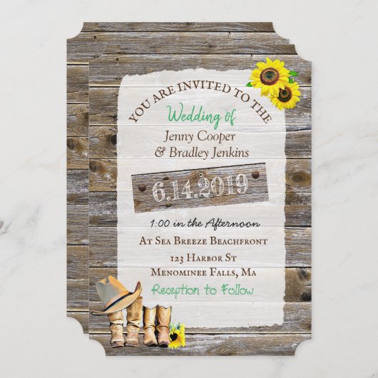 カウボーイ素朴ブーツとハットサンフラワー結婚ズ 招待状 (正面/裏面)