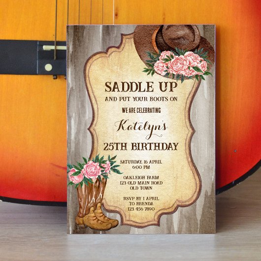 カウボーイ素朴ブーツと帽子の牡丹の水色 招待状