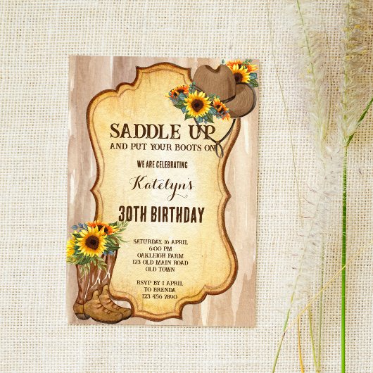 カウボーイ素朴ブーツと帽子ひまわり水色 招待状