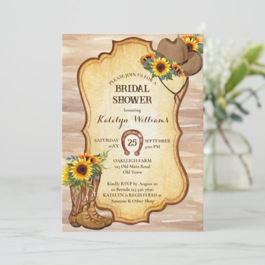 カウボーイ素朴ブーツと帽子ひまわり水色 招待状 (スタンド正面)