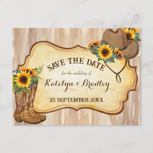 カウボーイ素朴ブーツと帽子ひまわり水色 案内ポストカード (正面)