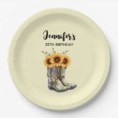 カウボーイ素朴ブーツひまわり誕生日 ペーパープレート (正面)