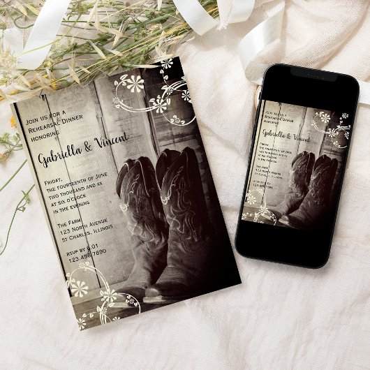 カウボーイ素朴ブーツウェスタンリハーサルディナー 招待状