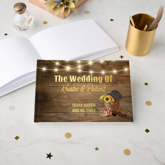 カウボーイ素朴ブーツサンフラワーウェスタン結婚ズフォイル ゲストブック (正面見開き)