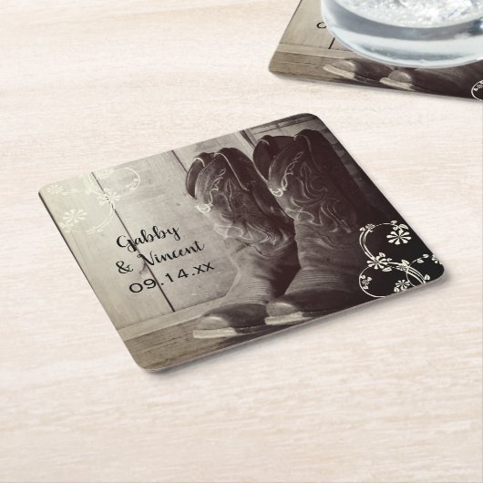 カウボーイ素朴ブーツフローラウェスタン結婚ズ スクエアペーパーコースター (アングル)