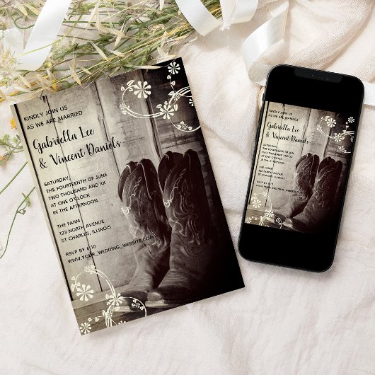 カウボーイ素朴ブーツフローラカントリーウェスタン結婚ズ 招待状