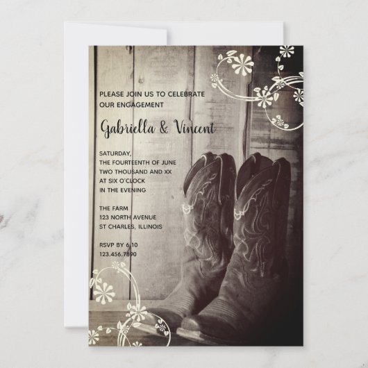 カウボーイ素朴ブーツランチフローラ婚約パーティ 招待状 (正面)