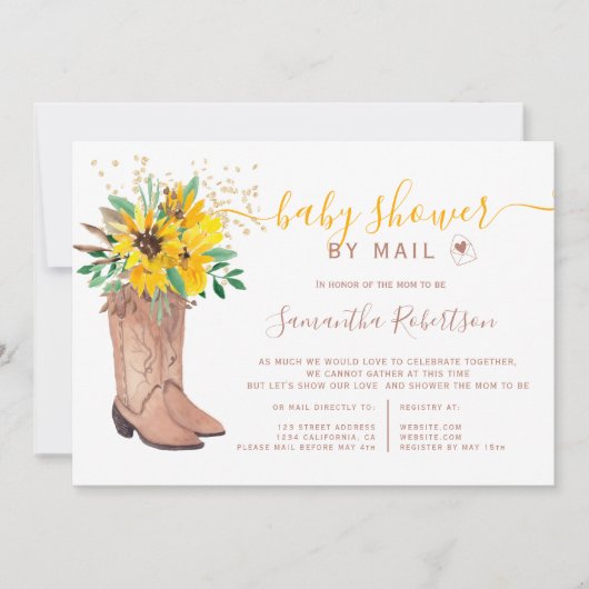 カウボーイ素朴ブーツ水色ベビーシャワー郵便 招待状 (正面)