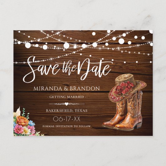 カウボーイ素朴ブーツ西ウェディング日付を保存 案内ポストカード (正面)