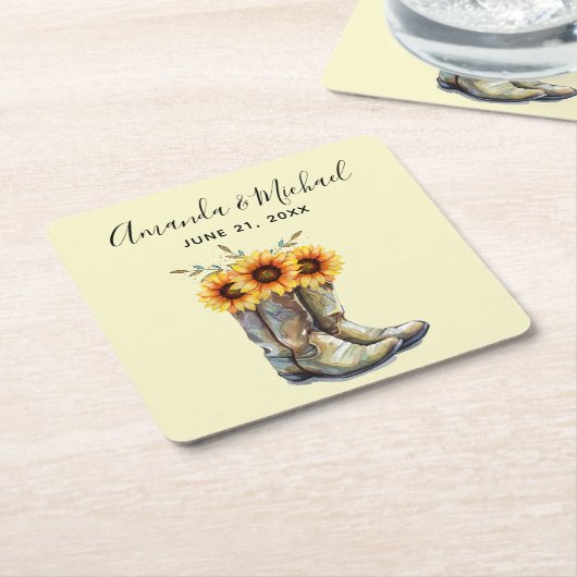 カウボーイ素朴ブーツ(ひまわり付き結婚) スクエアペーパーコースター (アングル)