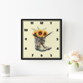 カウボーイ素朴ブーツ(ひまわり) スクエア壁時計 (ホーム)
