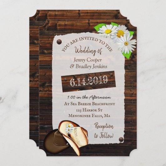 カウボーイ素朴ブーツ,帽子とデイジーズ結婚 招待状 (正面/裏面)