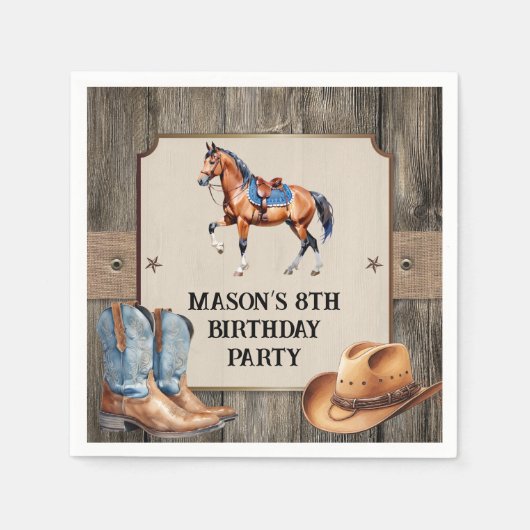 カウボーイ素朴乗馬バースデーパーティー スタンダードカクテルナプキン (正面)