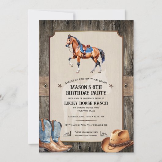 カウボーイ素朴乗馬バースデーパーティー 招待状 (正面)