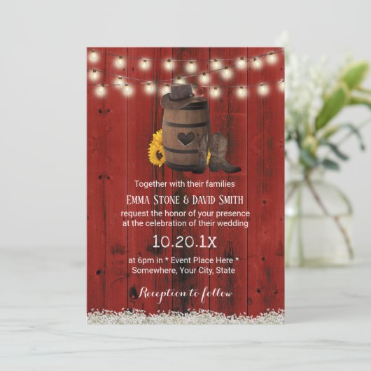 カウボーイ結婚ズ素朴ヒマワリ赤いバーンドウッド 招待状 (スタンド正面)