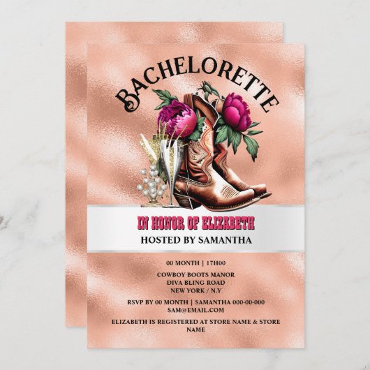 カウボーイ西ブーツマゼンタ桃の泡立ちシック 招待状 (正面/裏面)