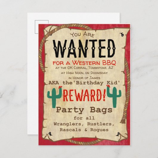 カウボーイ西部BBQの誕生会はポスターがほしいと思いました インビテーションポストカード (正面/裏面)