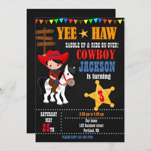 カウボーイ誕生日の招待ワイルドウエストウェスタンパーティー 招待状 (正面/裏面)