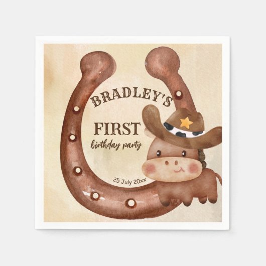 カウボーイ誕生日パーティーベビー馬の帽子のカスタム スタンダードカクテルナプキン (正面)