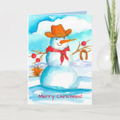 カウボーイ雪だるま水の色メリークリスマス シーズンカード (正面)