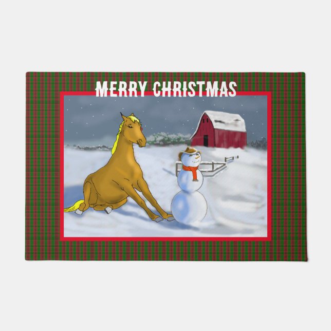 カウボーイ雪だるま&ホース ドアマット (正面)