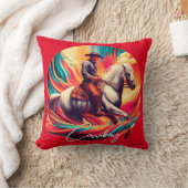 カウボーイ鮮やかと馬が燃えたオレンジ クッション (ブランケット)