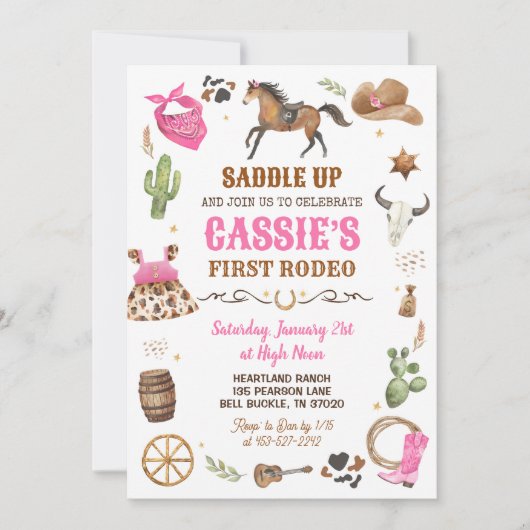 カウボーイ1stロデオピンクワイルドウエストテーマ誕生日 招待状 (正面)