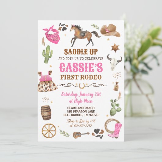 カウボーイ1stロデオピンクワイルドウエストテーマ誕生日 招待状 (スタンド正面)