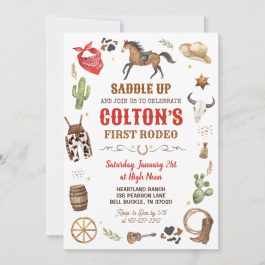 カウボーイ1stロデオレッドワイルドウエストテーマ誕生日 招待状 (正面)