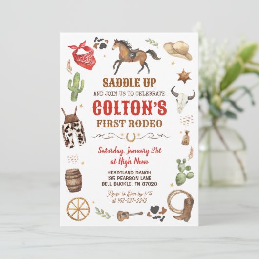 カウボーイ1stロデオレッドワイルドウエストテーマ誕生日 招待状 (スタンド正面)