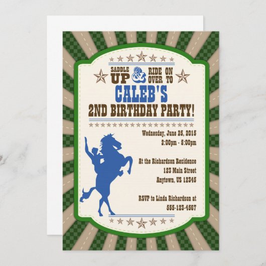 カウボーイ2nd誕生日パーティの招待状 招待状 (正面/裏面)