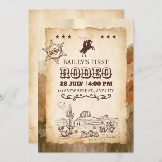 カウボーイ・ウェスタン・ロデオ ファースト・ロデオ 誕生日 招待状 (正面/裏面)