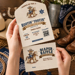 カウボーイ テディベア ベビーシャワー QR おむつラッフル オールインワン招待状
