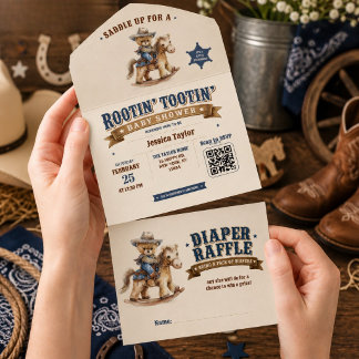 カウボーイ テディベア ベビーシャワー QR おむつラッフル オールインワン招待状