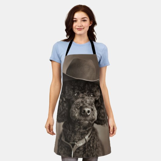 カウボーイ・ハロウィーンの衣装を着た黒いプードル エプロン (着用した状態)