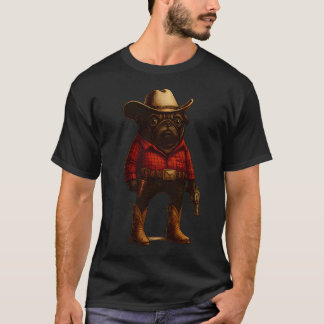 カウボーイ・パグ・ドッグ ふざけたウエスタン・スタイル 赤パグ カウボーイ Tシャツ