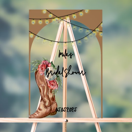 カウボーイ ピンク フラワー ブライダル シャワー アクリルサイン (ニュートラル)