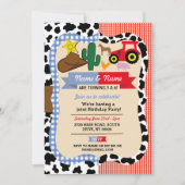 カウボーイ&ファームジョイントボーイガール誕生日動物 招待状 (正面)