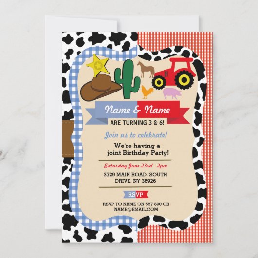カウボーイ&ファームジョイントボーイガール誕生日動物 招待状 (正面)
