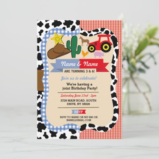 カウボーイ&ファームジョイントボーイガール誕生日動物 招待状 (スタンド正面)