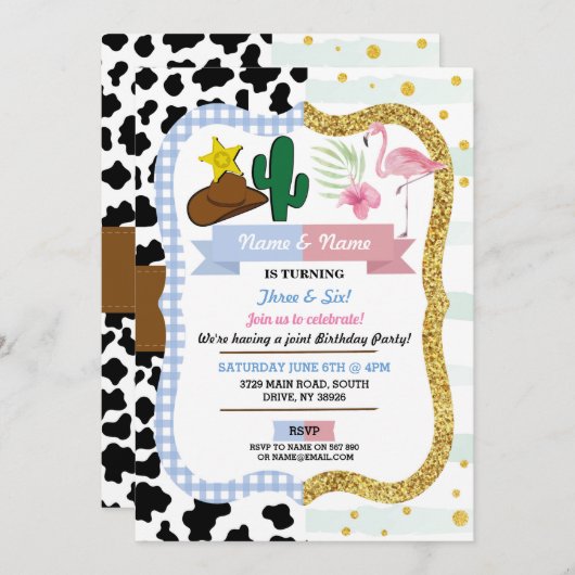 カウボーイ&フラミンゴジョイントボーイガール誕生日 招待状 (正面/裏面)