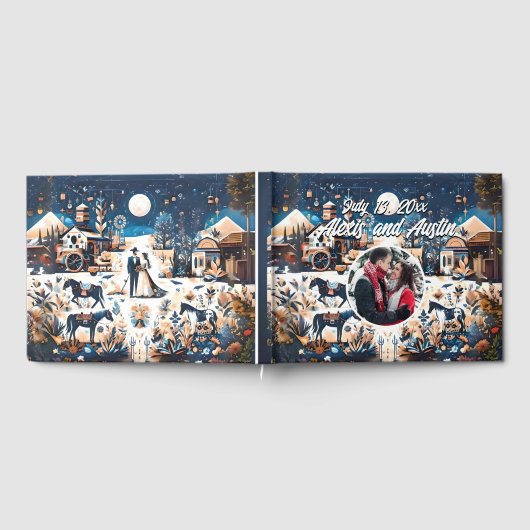 カウボーイ&ブライトブルーウェスタンスタイル結婚ズ ゲストブック (全面)