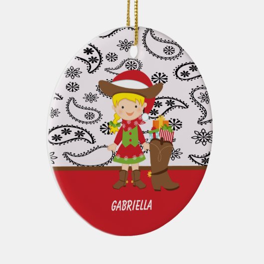 カウボーイ・ブーツのオーナメントを持つ愛らしい女性のカーボーイ セラミックオーナメント (右)