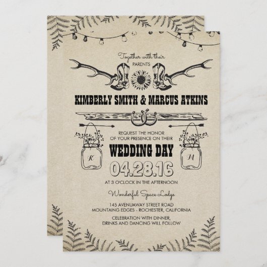 カウボーイ・ブーツのヒマワリの国の素朴な納屋の結婚式 招待状 (正面/裏面)