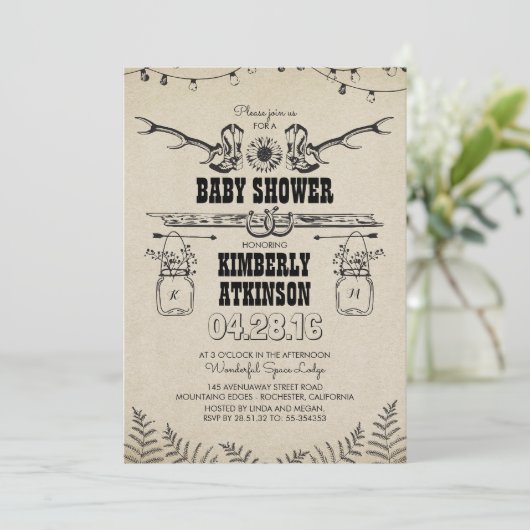 カウボーイ・ブーツの素朴な国のベビーシャワー 招待状 (スタンド正面)